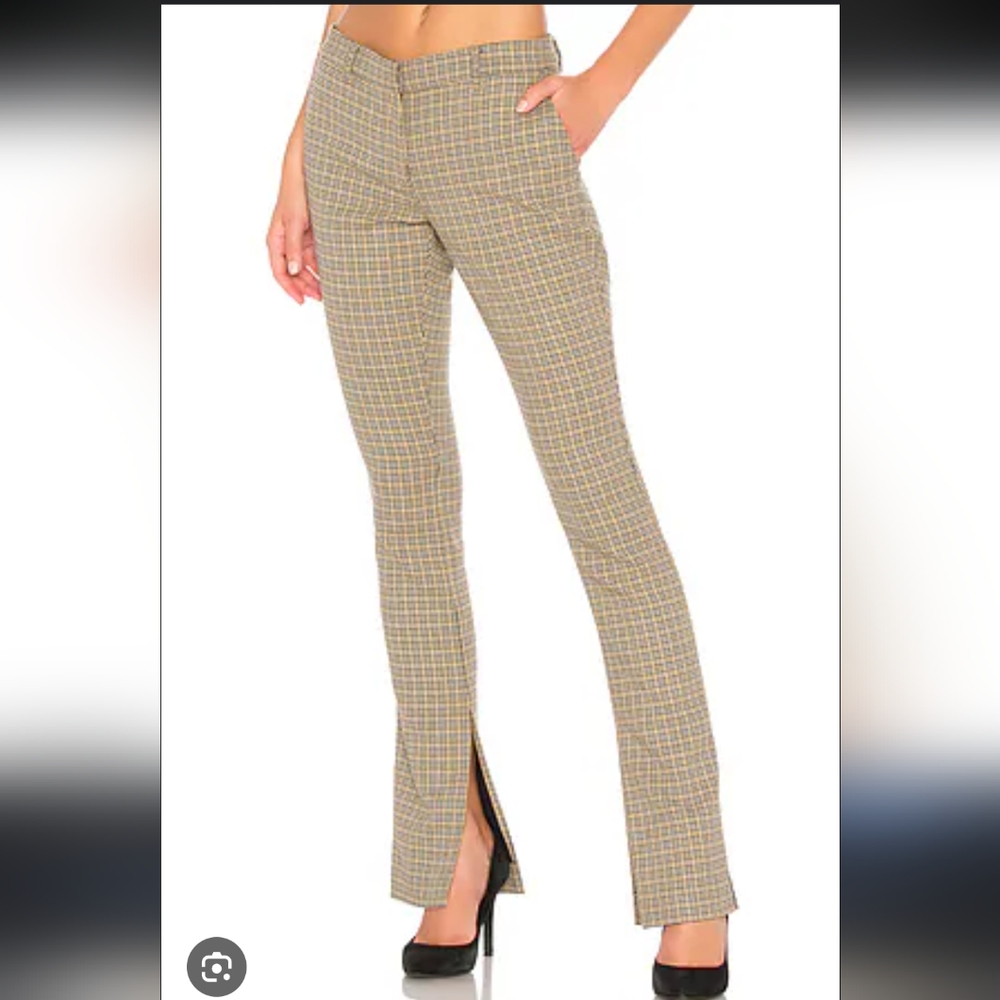 A.L.C. Javier Tan & Navy Plaid Split Hem Trousers Dress Pant Size 2 Waist 15"